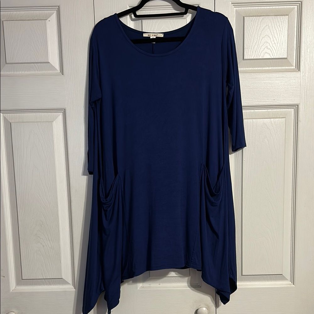 MIAMI FRANCESCA’S Navy Blue Asymmetrical 3/4 Sleeve Dress Handkerchief Hem Small